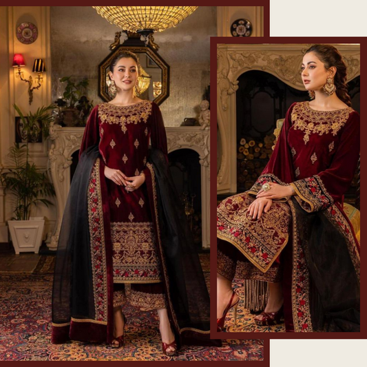 ZARA JAHAN 617 3PC Velvet Embroidered Shirt With Organza Embroidered Dupatta